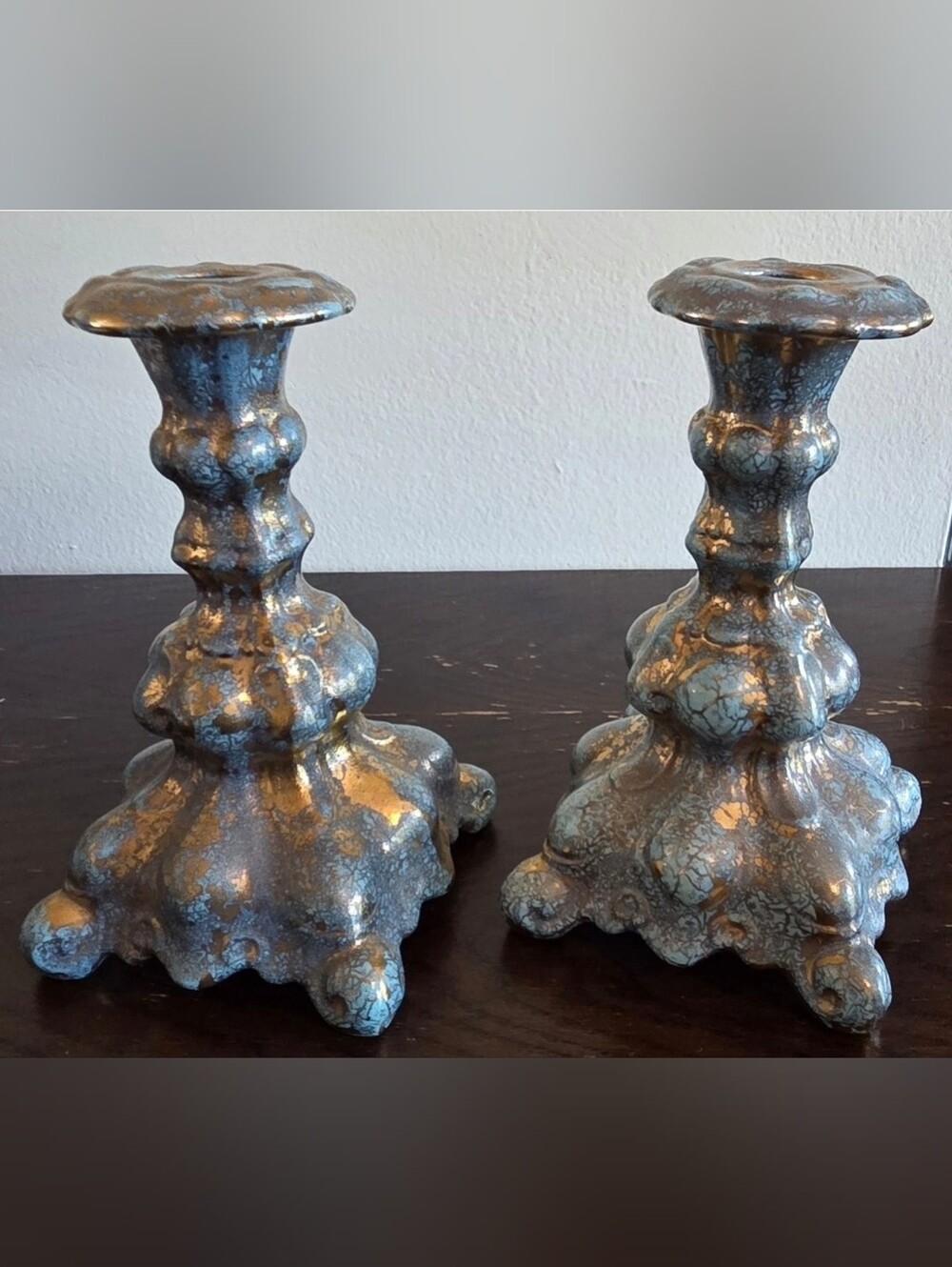 Home Accents Blue and Gold Distressed Ceramic Candlestick Pair